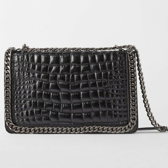 Zara Croc embossed quilted chained black handbag purse - Picture 2 of 13